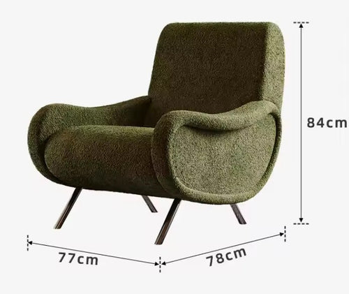 Green armchair with dimensions labeled 