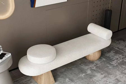 Close-up of Japandi boucle bench