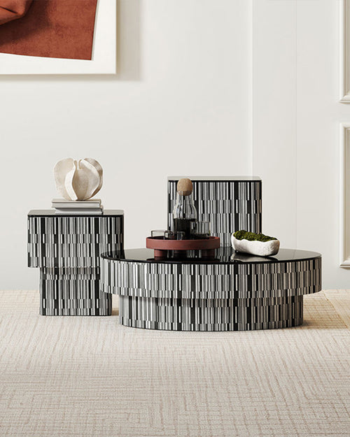 Douglas accent tables, highlighting their sculptural centerpiece