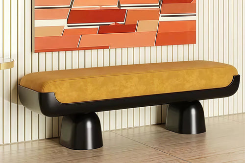 Shop the Dracko Ottoman by Chair Collective — a 5-foot designer ottoman featuring abstract fabrics and a PU gloss black base. A bold and luxurious accent for modern interiors.