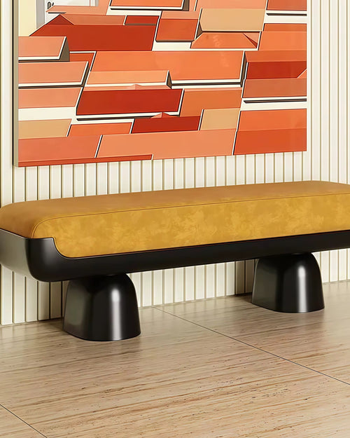 Shop the Dracko Ottoman by Chair Collective — a 5-foot designer ottoman featuring abstract fabrics and a PU gloss black base. A bold and luxurious accent for modern interiors.