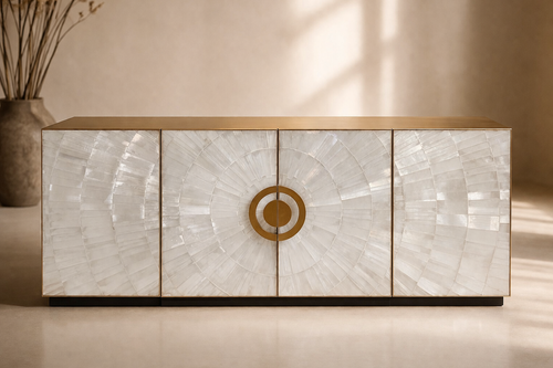 Emparador console with selenite surface and matte gold stainless steel structure in luxury interior