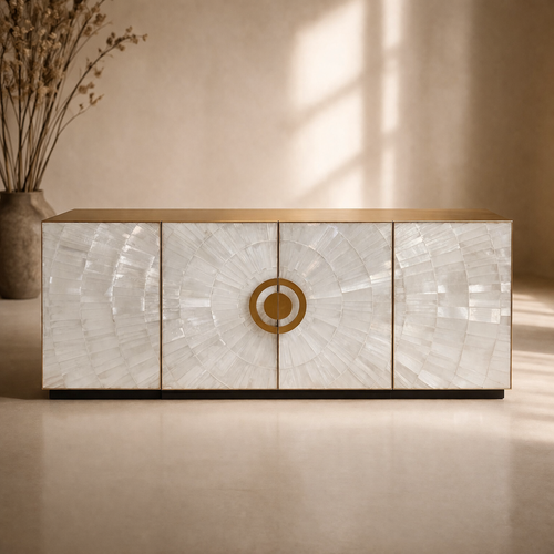 Emparador console with selenite surface and matte gold stainless steel structure in luxury interior