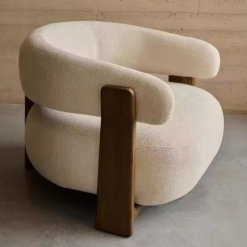 Beige accent chair with wooden legs 