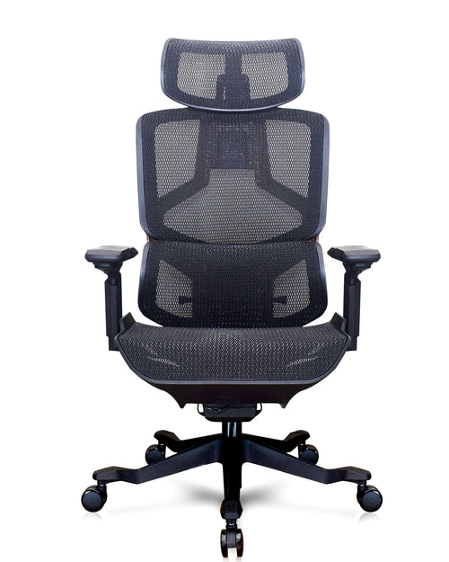 Back side of a black high‑back office chair