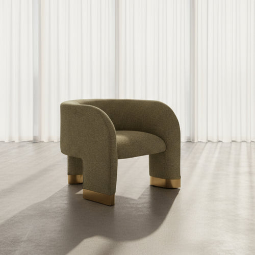 Shop the Erica Accent Chair by Chair Collective — a curved modern chair with golden accents and soft upholstery. Explore luxury accent chairs online in India.