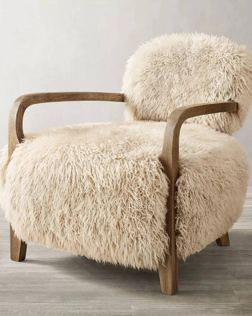 Side profile of Ferris fur and wood lounge chair 