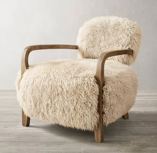 Side profile of Ferris fur and wood lounge chair 