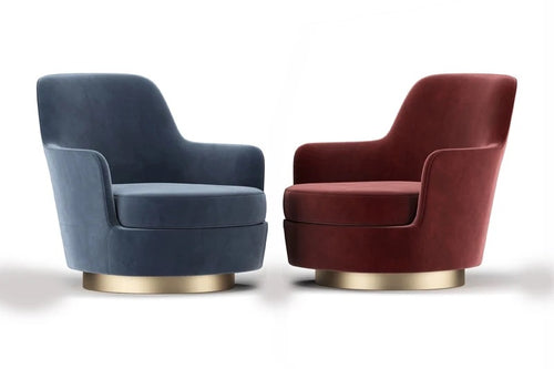 Gemini Chair in blue and maroon velvet with gold base