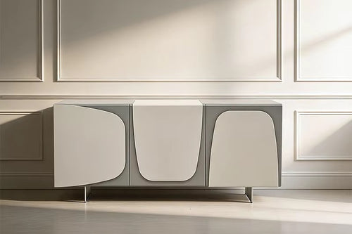 Gerard Console with Storage featuring contrasting grey and white matte PU curved panels, concealed storage, and a sleek metal base for a contemporary luxury interior.