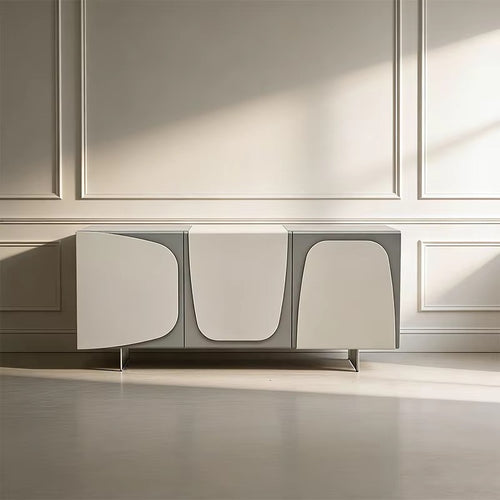 Gerard Console with Storage featuring contrasting grey and white matte PU curved panels, concealed storage, and a sleek metal base for a contemporary luxury interior.