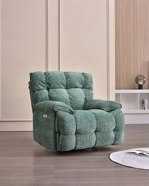Side profile of Granny Smith colored Japanese-inspired recliner chair in reading nook