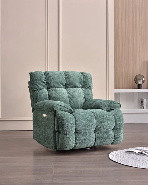 Side profile of Granny Smith colored Japanese-inspired recliner chair in reading nook