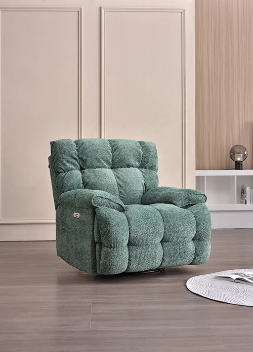 Side profile of Granny Smith colored Japanese-inspired recliner chair in reading nook