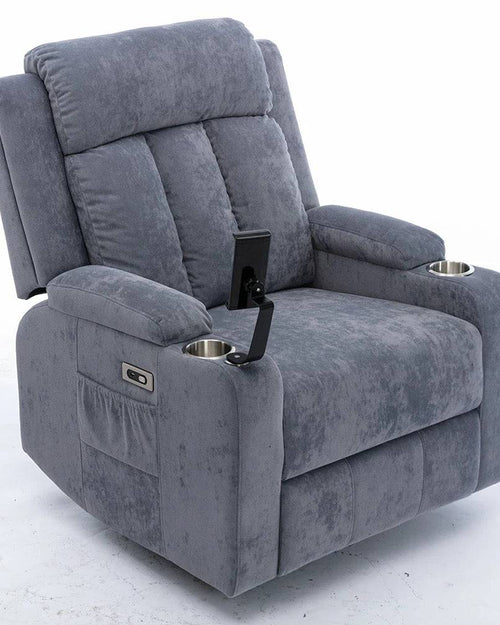 Plush gray velvet reclining armchair for living room use