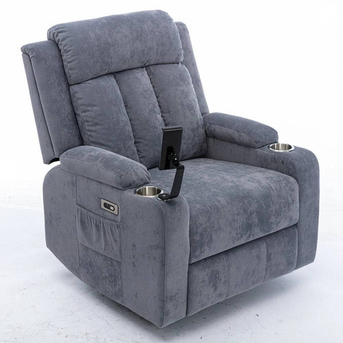 Plush gray velvet reclining armchair for living room use