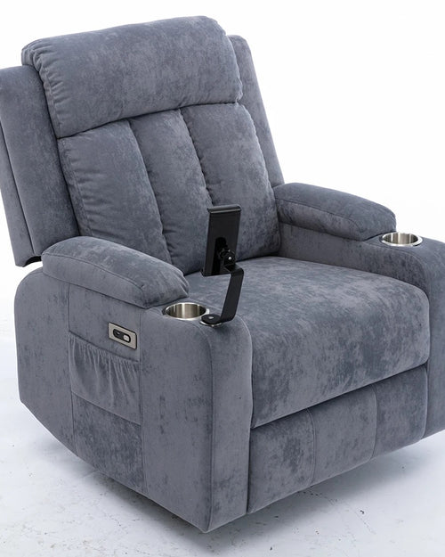 Plush gray velvet reclining armchair for living room use