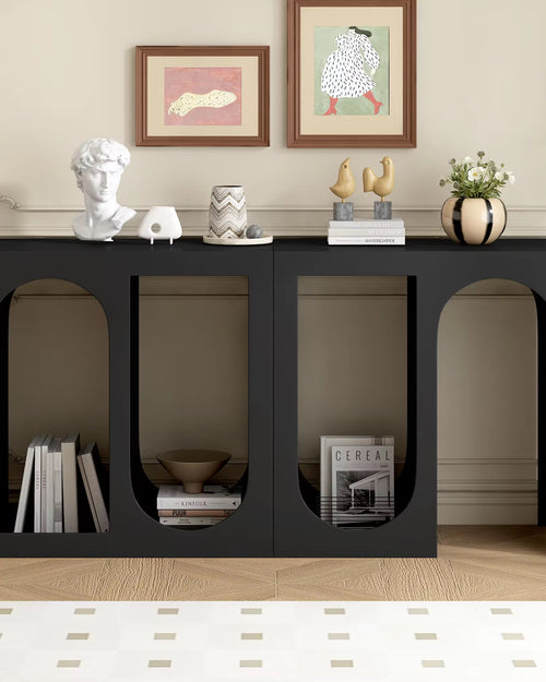 Halo Console in matte black with arched cutouts styled 