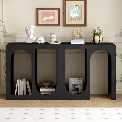 Halo Console in matte black with arched cutouts styled
