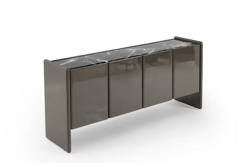 Hermosa Console's clean, linear form is elevated by reflective surfaces that play beautifully with light, while the marble top adds depth, texture, and timeless sophistication. Behind the seamless shuttered façade lies generous concealed storage, making the Hermosa Storage Console as practical as it is visually compelling.