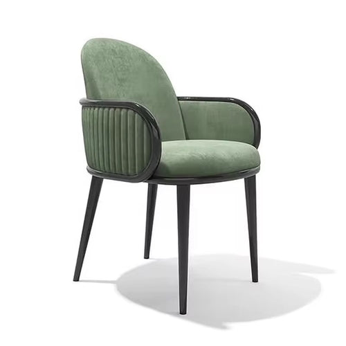 Green armchair with black ribbed armrests