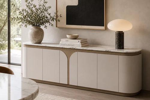 Honcho Storage Console featuring a luxurious marble top, natural veneer accents, matte PU cabinet fronts, soft rounded edges, and spacious concealed storage for contemporary interiors.