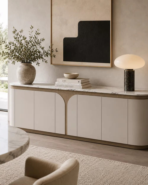 Honcho Storage Console featuring a luxurious marble top, natural veneer accents, matte PU cabinet fronts, soft rounded edges, and spacious concealed storage for contemporary interiors.