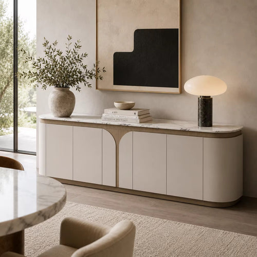 Honcho Storage Console featuring a luxurious marble top, natural veneer accents, matte PU cabinet fronts, soft rounded edges, and spacious concealed storage for contemporary interiors.