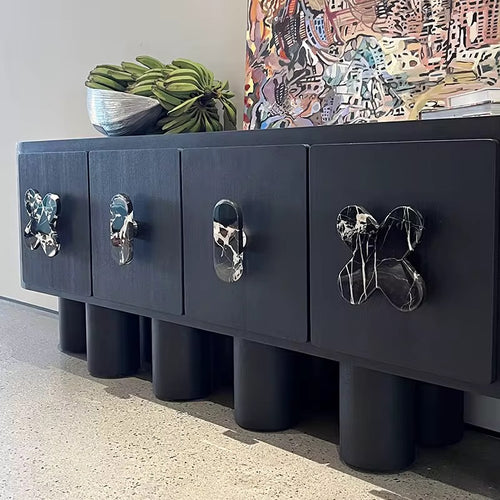 Discover the Clayton Console – luxury console furniture online in India. 7 ft veneer design with Selenite marble inlays and teak wood ball legs.