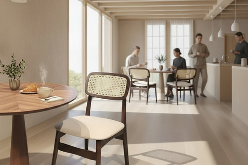 Discover the Gemini Cafe Chair: a chic mid-century modern dining chair with a dark wood frame, a comfortable upholstered seat, and a beautiful woven rattan back. Cafe chair online







