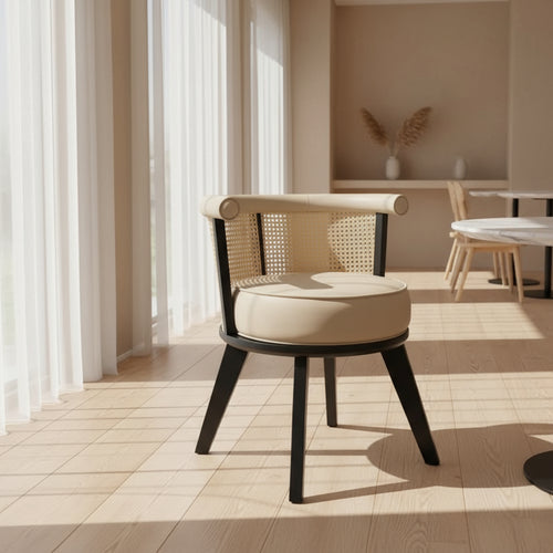 Discover the Jaypore Cafe Chair Online – an ultimate luxury piece with a dark wood frame, elegant cane back, rolled upholstered top rail, and a plush round seat.


