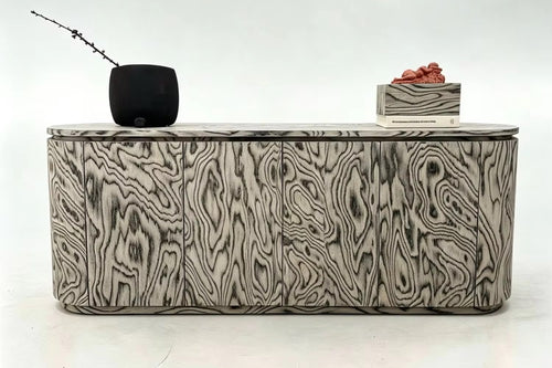 Jambo Storage Console in abstract wood veneer finish with concealed storage compartments and internal drawer by Chair Collective.