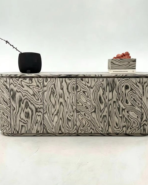 Jambo Storage Console in abstract wood veneer finish with concealed storage compartments and internal drawer by Chair Collective.