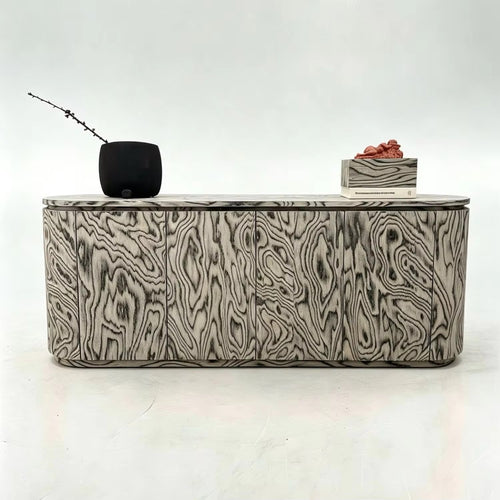 Jambo Storage Console in abstract wood veneer finish with concealed storage compartments and internal drawer by Chair Collective.
