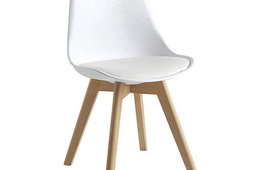 Side view of white Jolly Chair with wooden legs