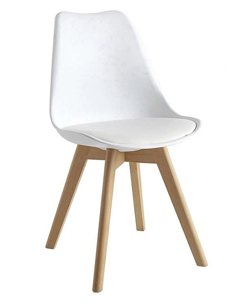 Side view of white Jolly Chair with wooden legs