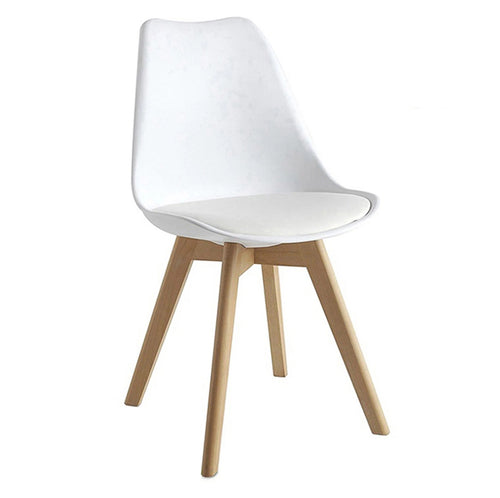 Side view of white Jolly Chair with wooden legs