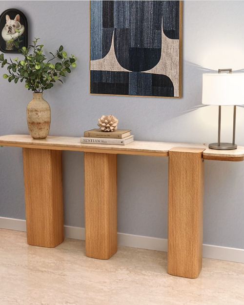 Kian Foyer Console is a Japandi-style luxury console table with a white ash veneer base and travertine marble top. Minimal, elegant, and perfect for foyers, hallways, and modern interiors.