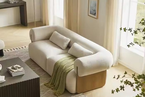 Japandi boucle sofa with rounded arms and wooden arm support modern living room sofa