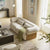 Japandi boucle sofa with rounded arms and wooden arm support modern living room sofa
