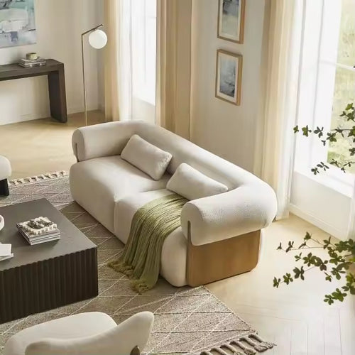 Japandi boucle sofa with rounded arms and wooden arm support modern living room sofa