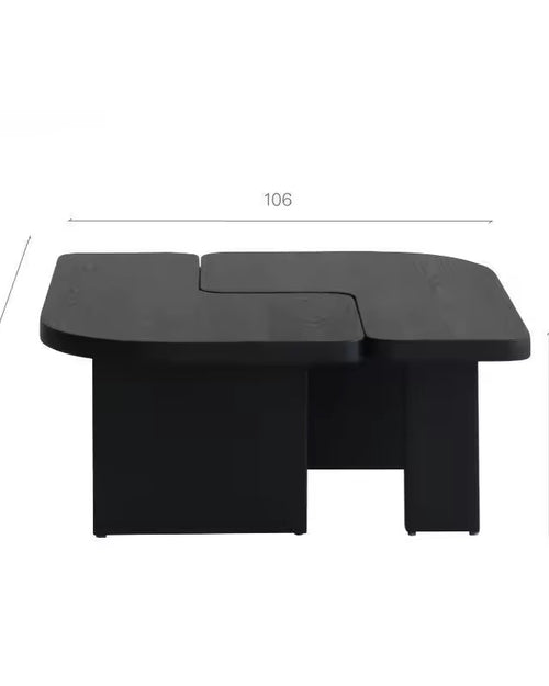 Black modular coffee table with dimensions listed.
