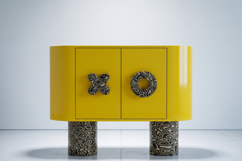 luxury yellow statement console with high gloss finish and abstract veneer details