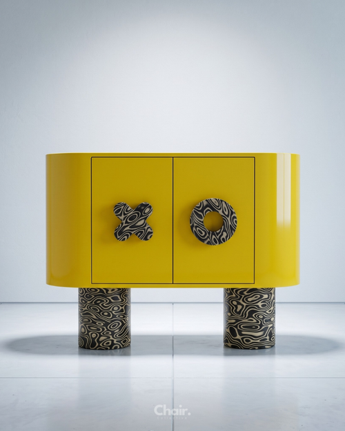 luxury yellow statement console with high gloss finish and abstract veneer details