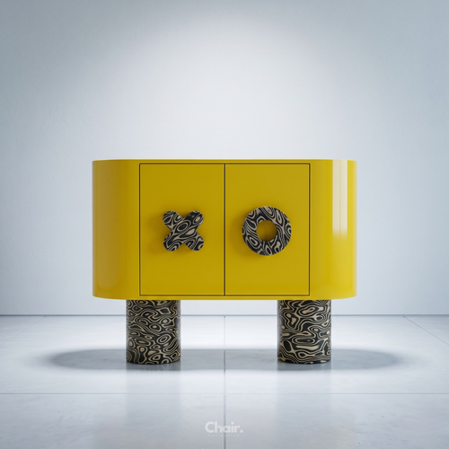 luxury yellow statement console with high gloss finish and abstract veneer details