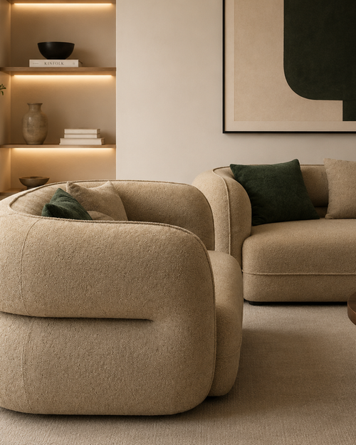 luxury curved sofa set with thick sculptural back and modern design