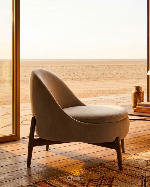 Elegant accent chair featuring a sculptural solid wooden base, curved backrest, and plush bouclé or leatherette upholstery designed for contemporary luxury interiors.