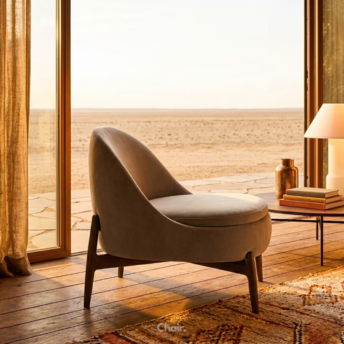 Elegant accent chair featuring a sculptural solid wooden base, curved backrest, and plush bouclé or leatherette upholstery designed for contemporary luxury interiors.