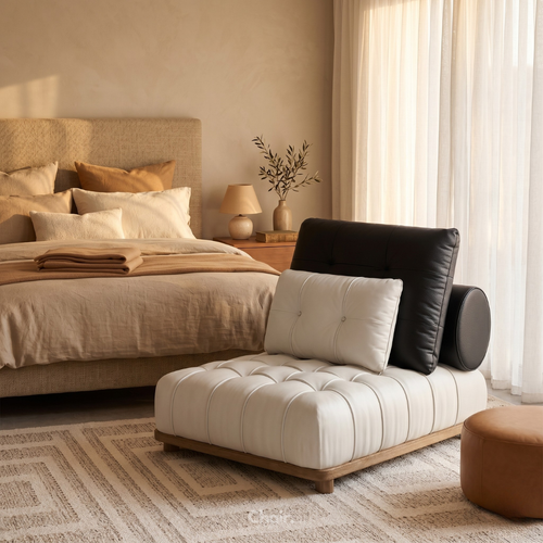 luxury tufted accent chair with teak wood base and bolster cushion