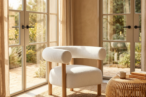 A sculptural Japandi-style accent chair upholstered in ivory bouclé fabric with a rounded backrest and solid wooden cylindrical legs.